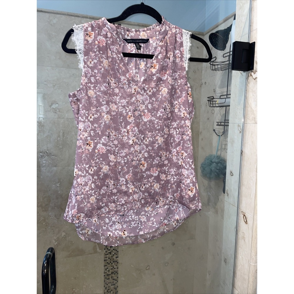 White House Black Market Floral Lace Cap Sleeve V-Neck Blouse Pink XSP